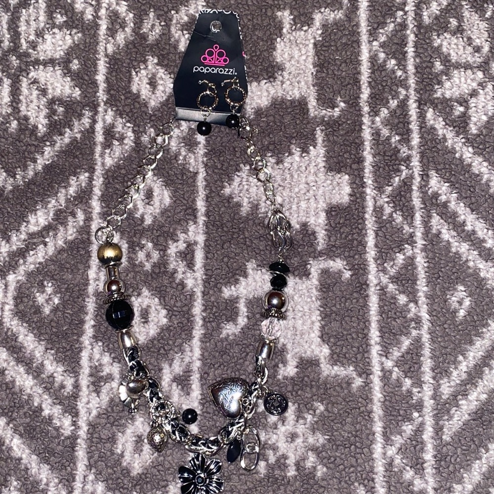 Paparazzi Black and Sliver Necklace and Earrings Set